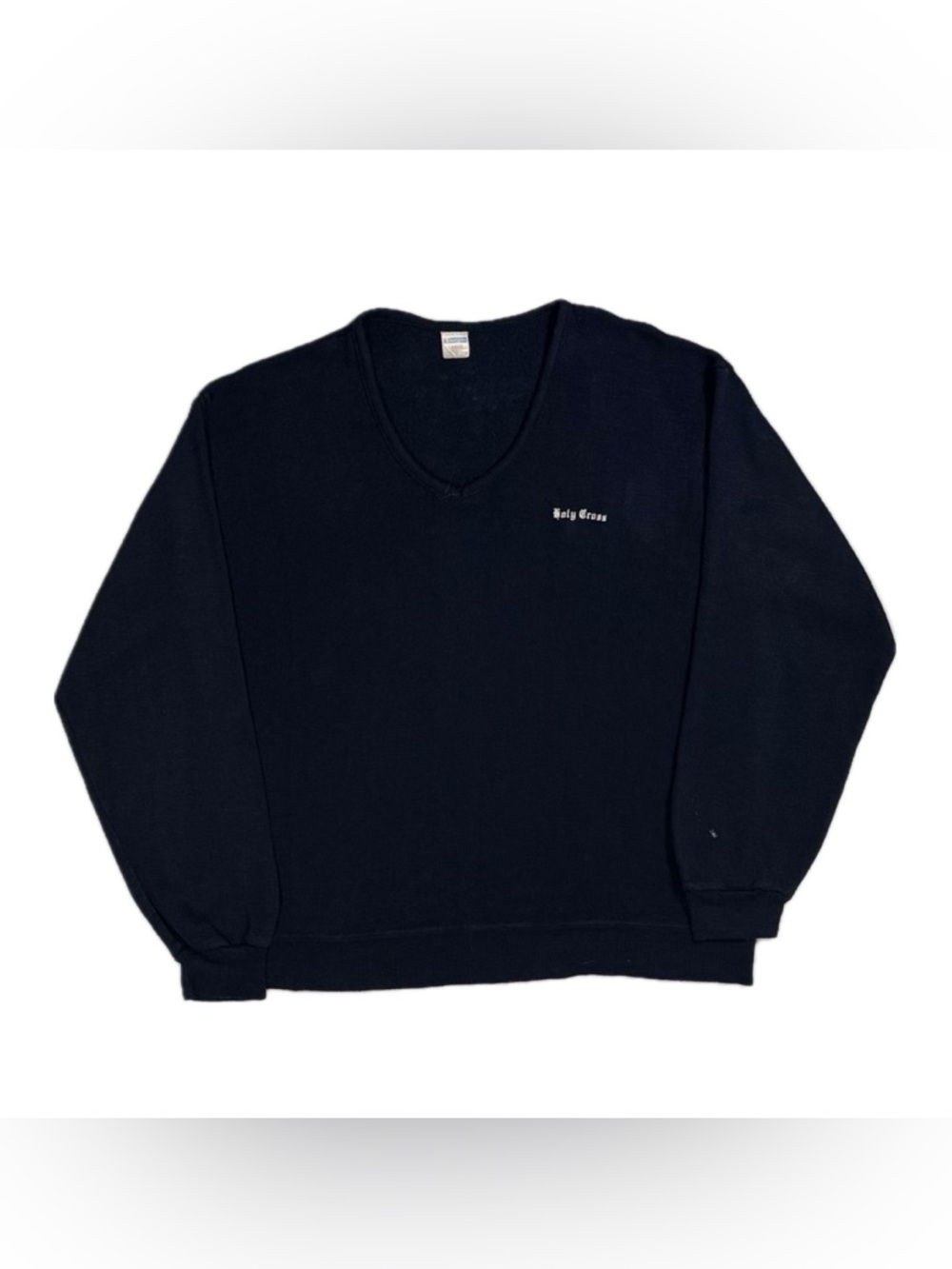 Vtg 70s Champion Holy Cross rayon acrylic navy‎ knit v neck sweater men's large
